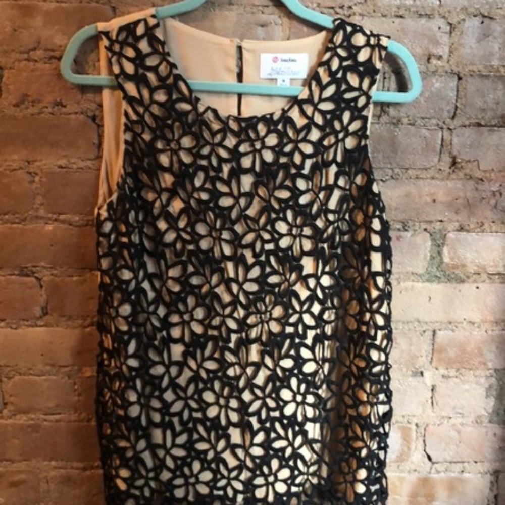 Tan Blouse with Black Embroidered Overlay